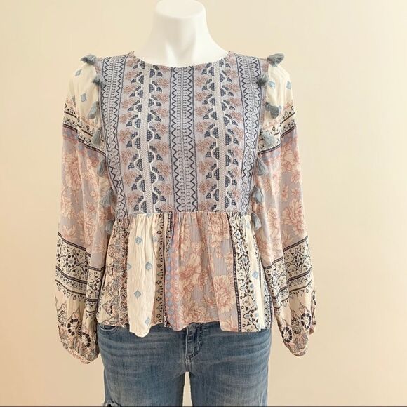 AEO Boho Embroidered Tassel Detail Swing Top - Picture 1 of 11